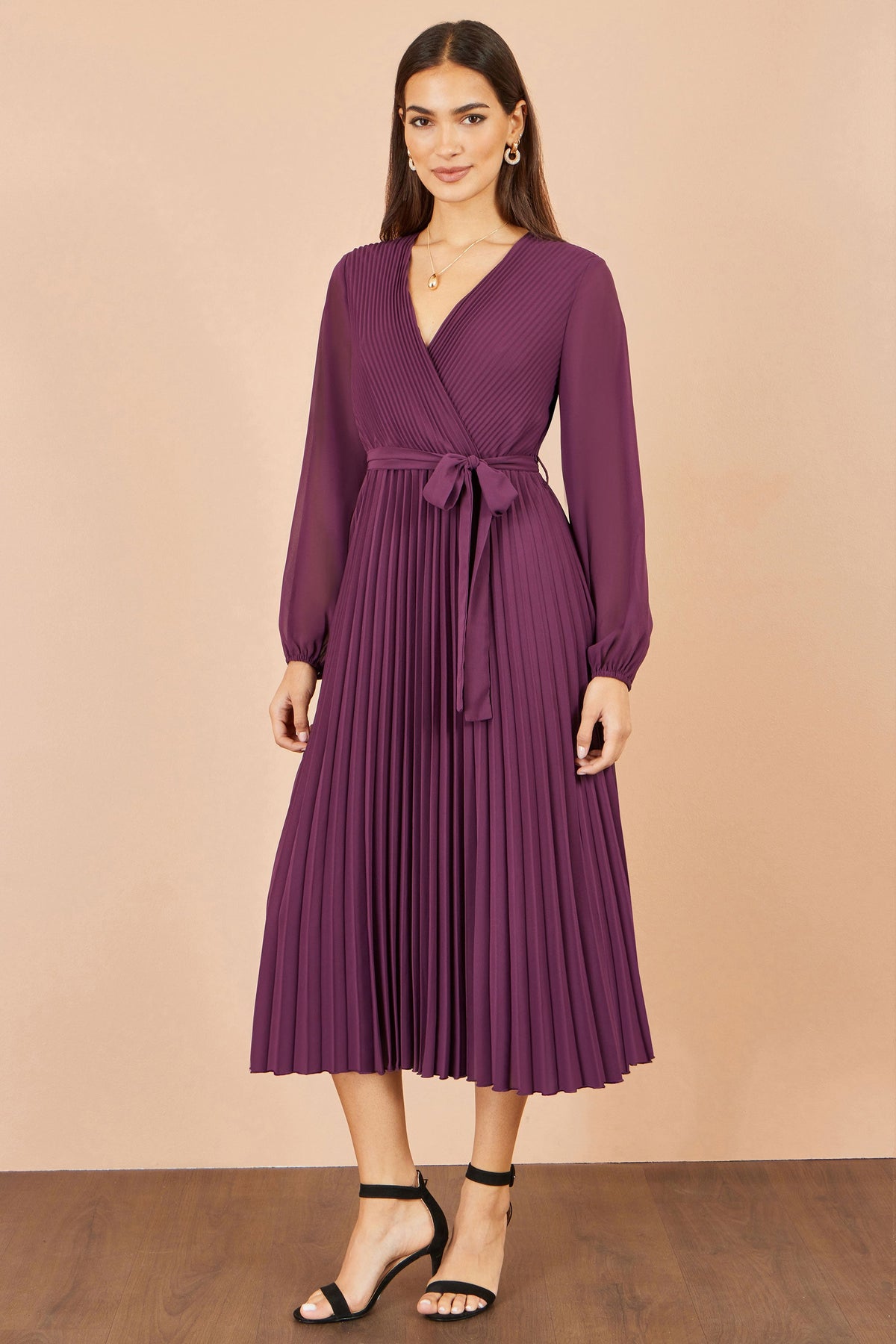 Yumi Women's Purple Pleated Wrap Midi Dress with Gathered Cuff Sleeves