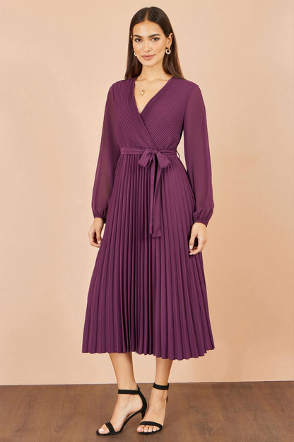 Yumi Women's Purple Pleated Wrap Midi Dress with Gathered Cuff Sleeves