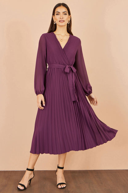Yumi Women's Purple Pleated Wrap Midi Dress with Gathered Cuff Sleeves