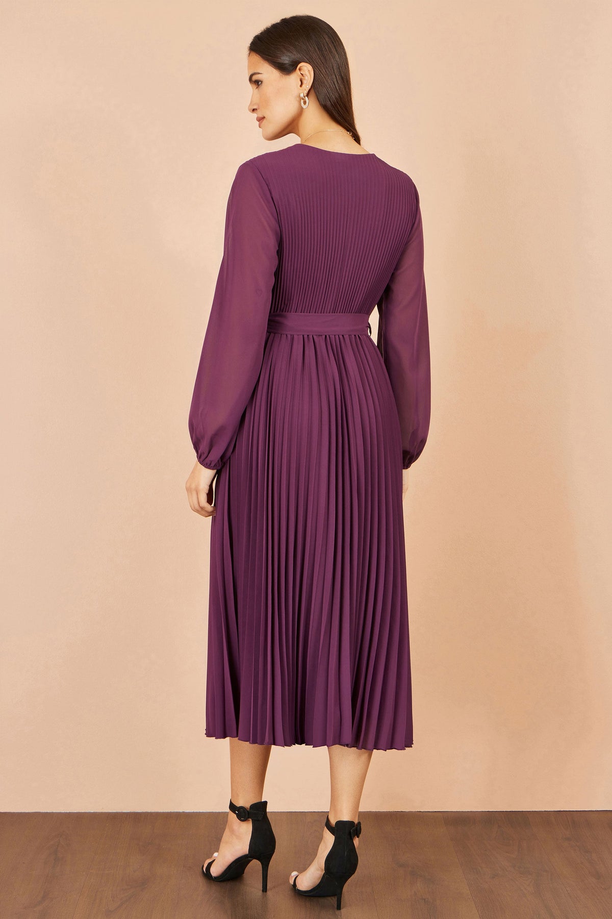 Yumi Women's Purple Pleated Wrap Midi Dress with Gathered Cuff Sleeves