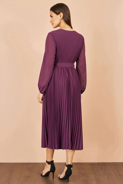 Yumi Women's Purple Pleated Wrap Midi Dress with Gathered Cuff Sleeves
