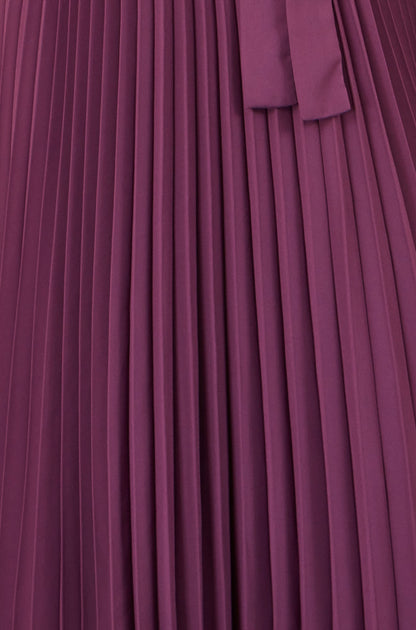 Yumi Women's Purple Pleated Wrap Midi Dress with Gathered Cuff Sleeves