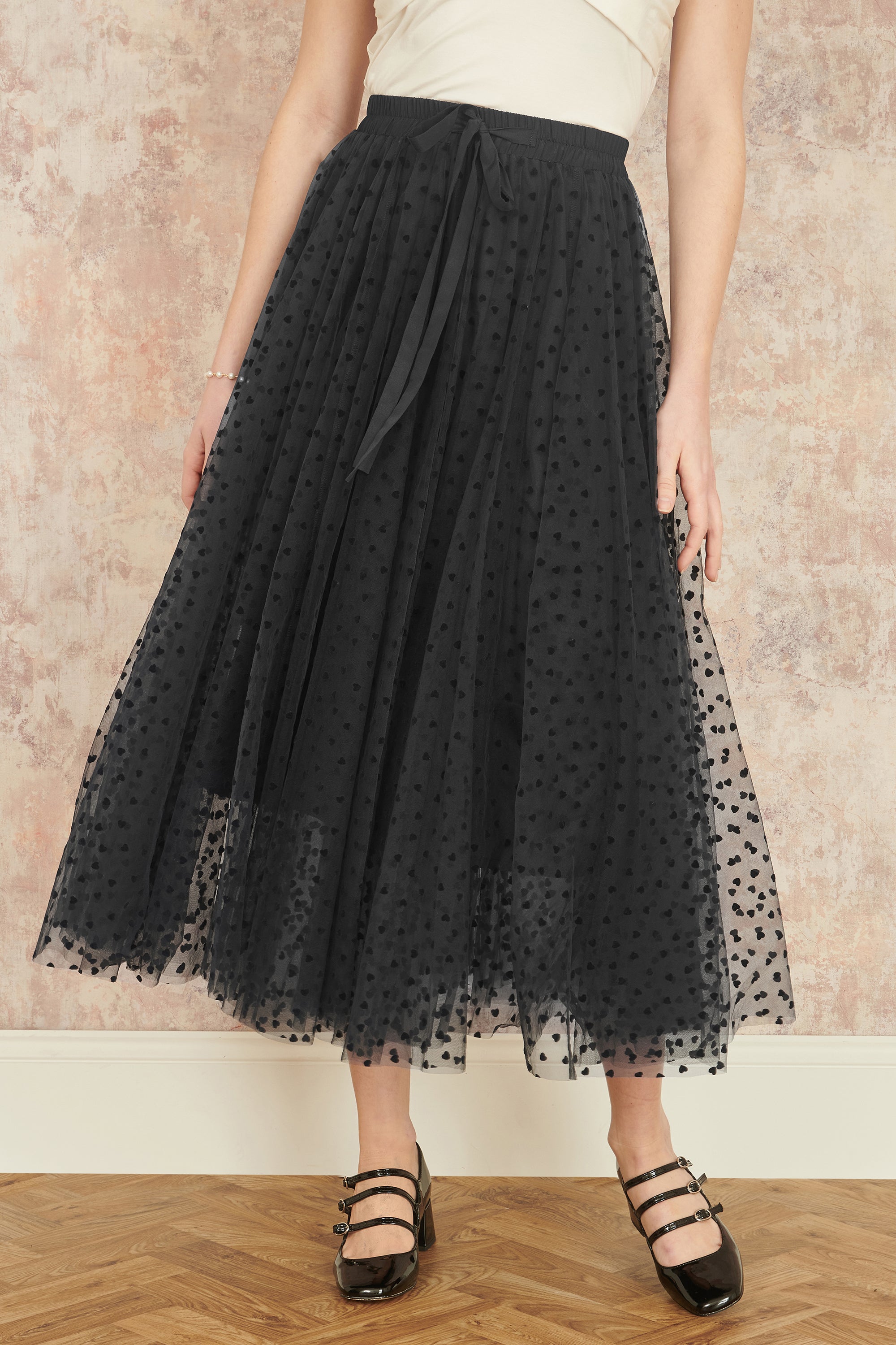 Yumi Black Mesh Heart Print Tulle Skirt - QHA UK