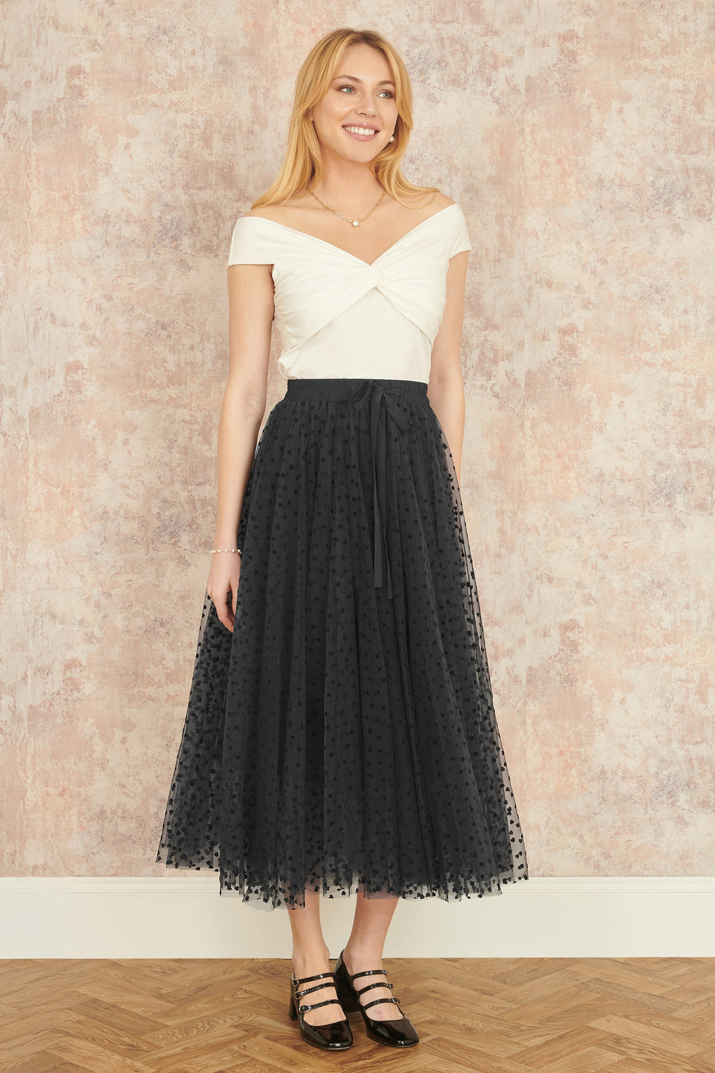 Yumi Black Mesh Heart Print Tulle Skirt - QHA UK