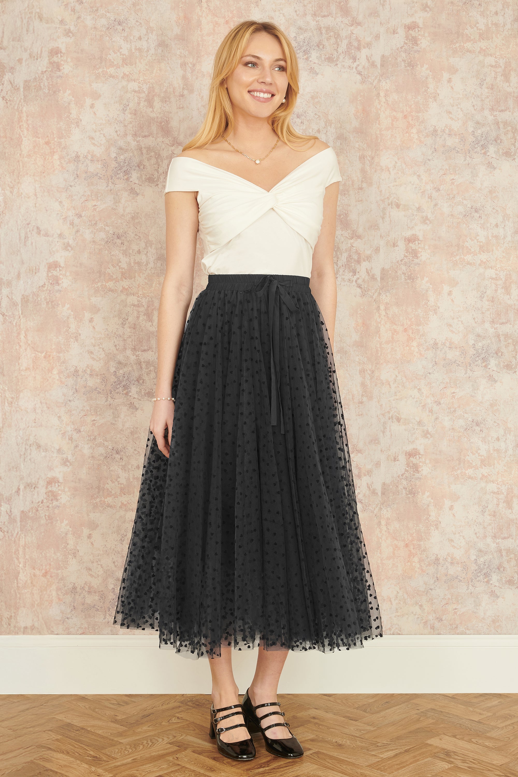Yumi Black Mesh Heart Print Tulle Skirt - QHA UK