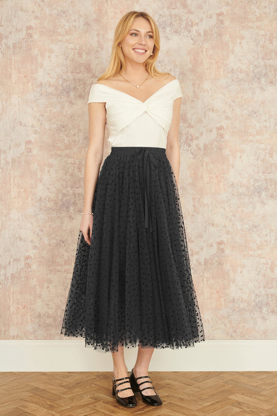 Yumi Black Mesh Heart Print Tulle Skirt - QHA UK