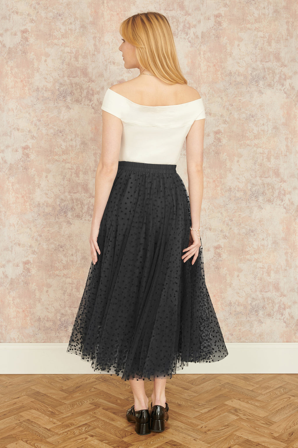 Yumi Black Mesh Heart Print Tulle Skirt - QHA UK