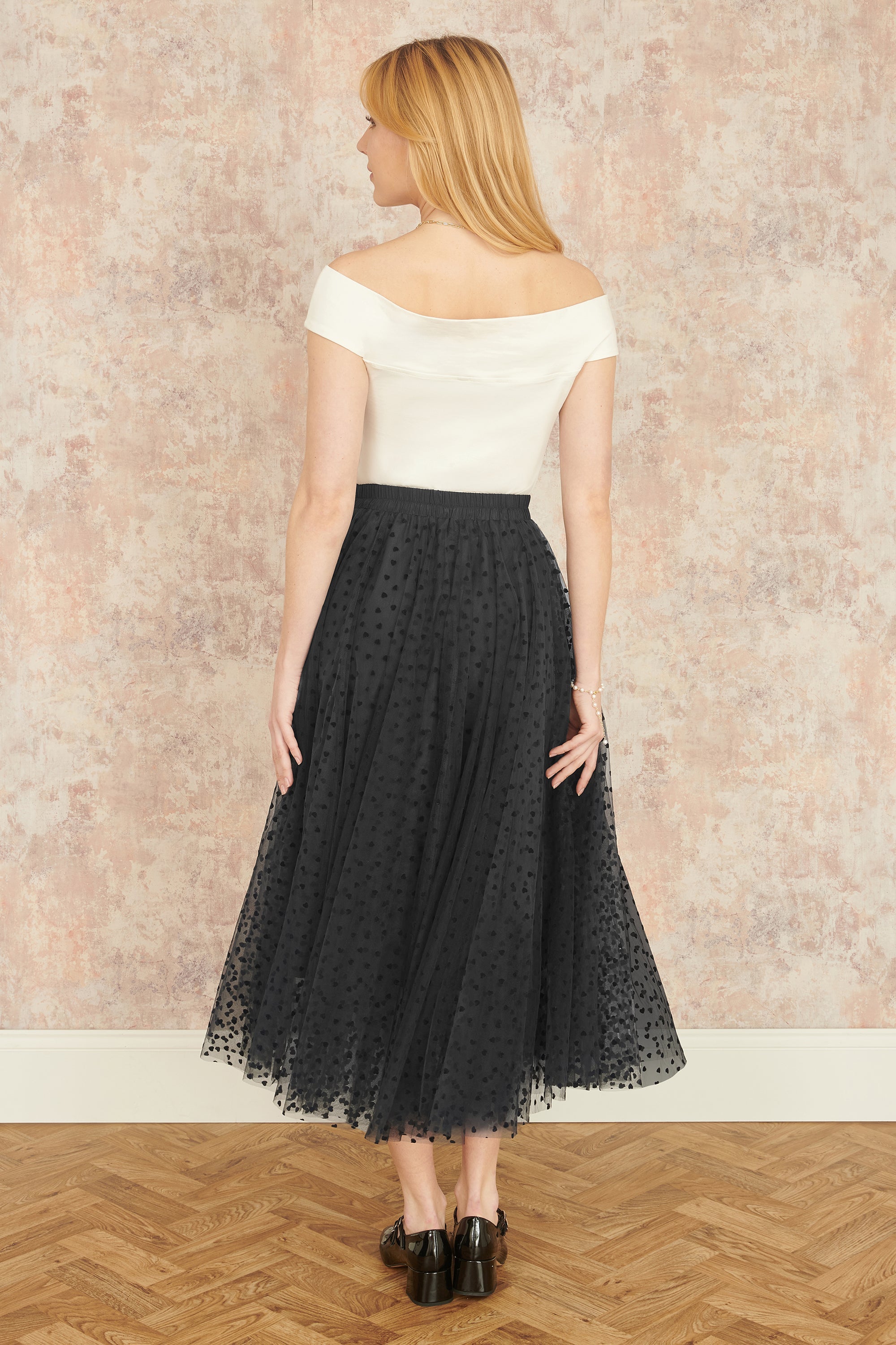 Yumi Black Mesh Heart Print Tulle Skirt - QHA UK
