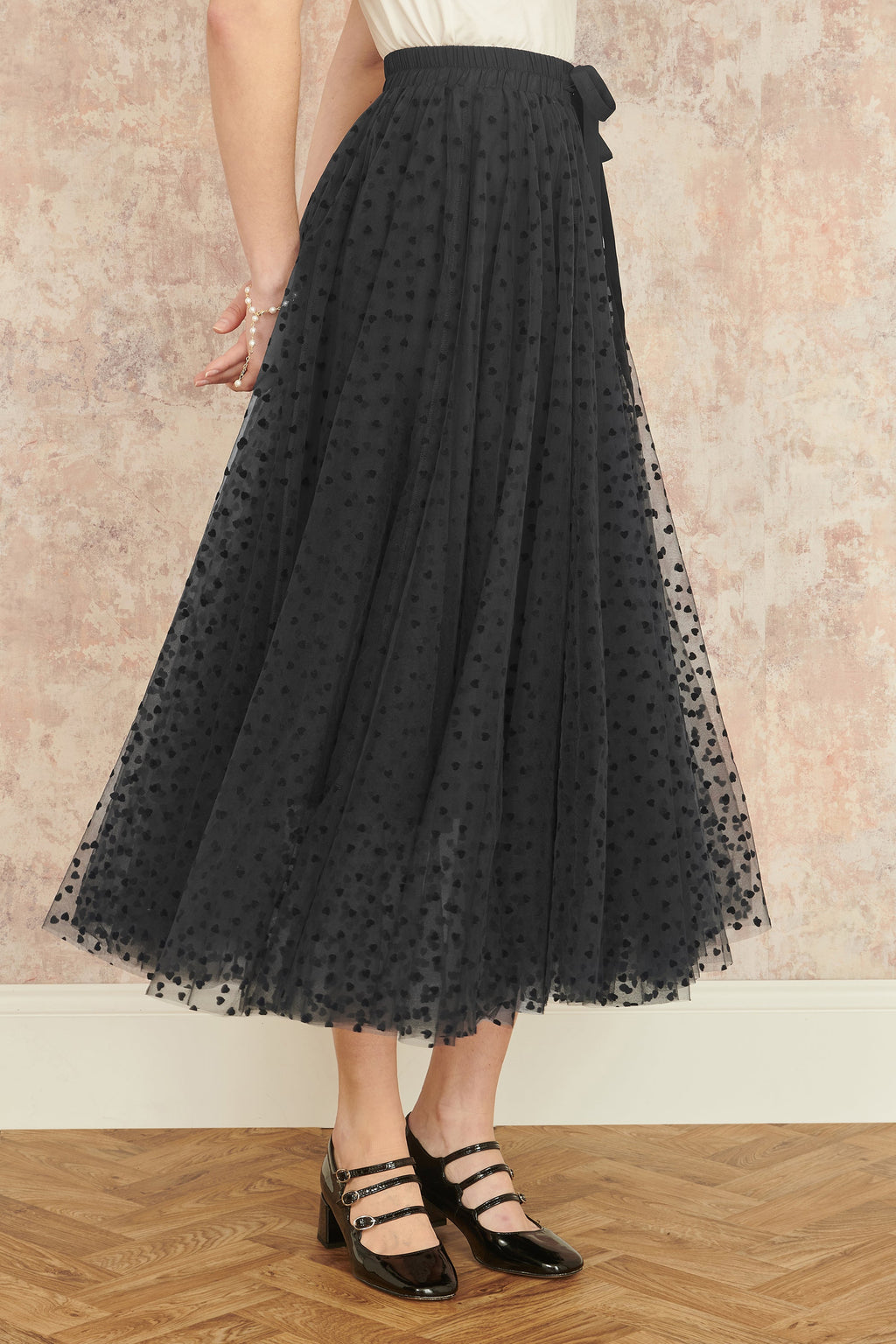 Yumi Black Mesh Heart Print Tulle Skirt - QHA UK