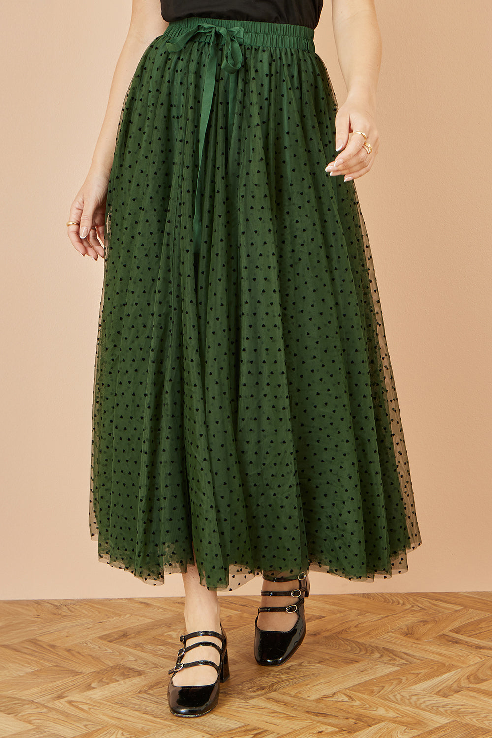 Yumi Green Mesh Heart Print Tulle Skirt - QHA UK