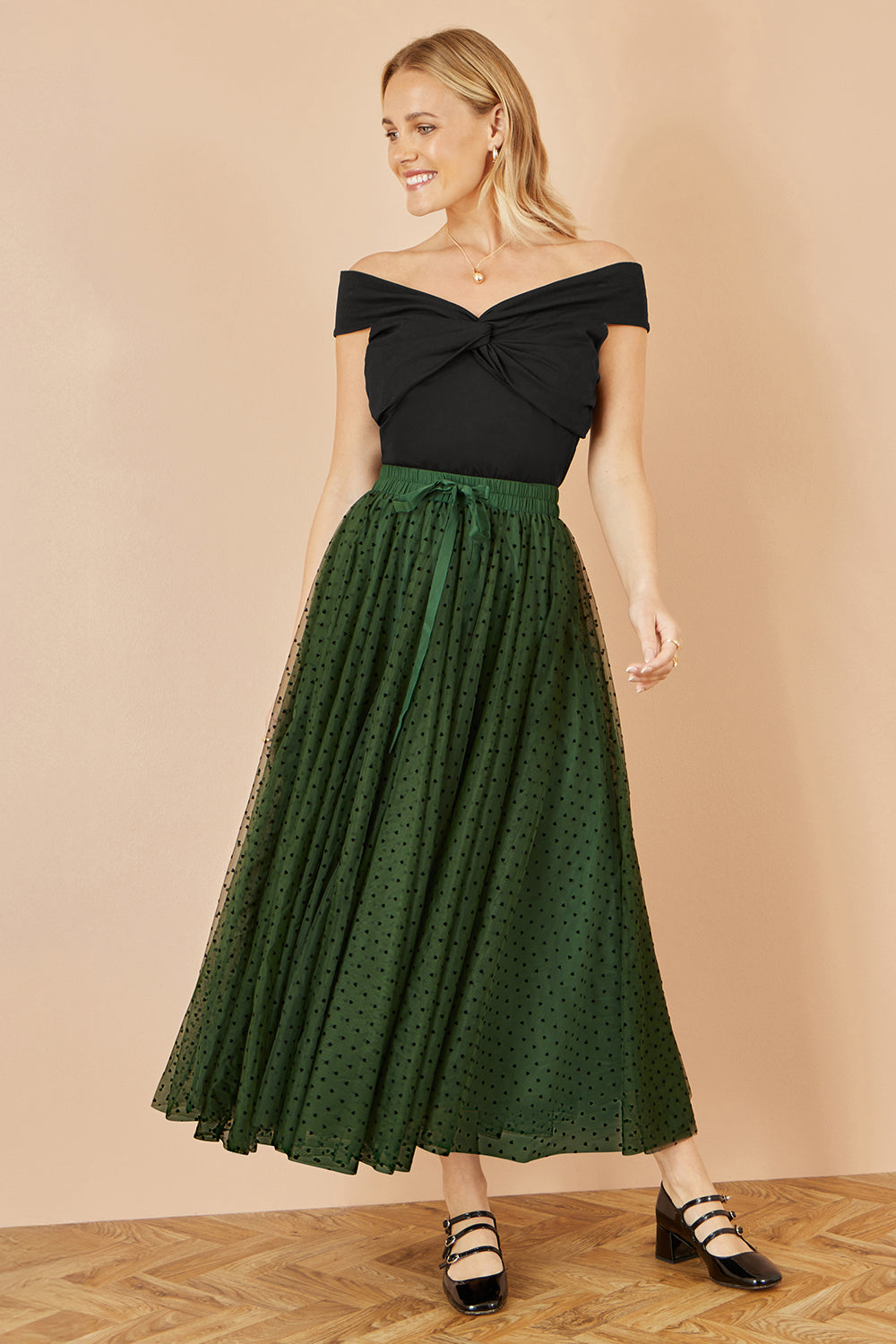 Yumi Green Mesh Heart Print Tulle Skirt - QHA UK