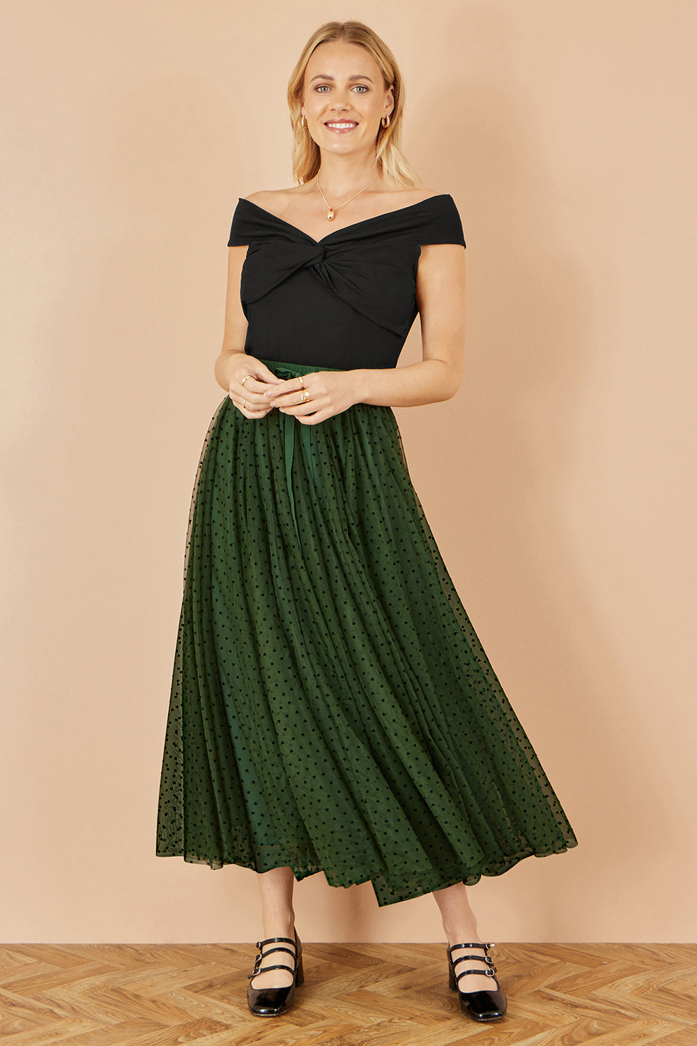 Yumi Green Mesh Heart Print Tulle Skirt - QHA UK