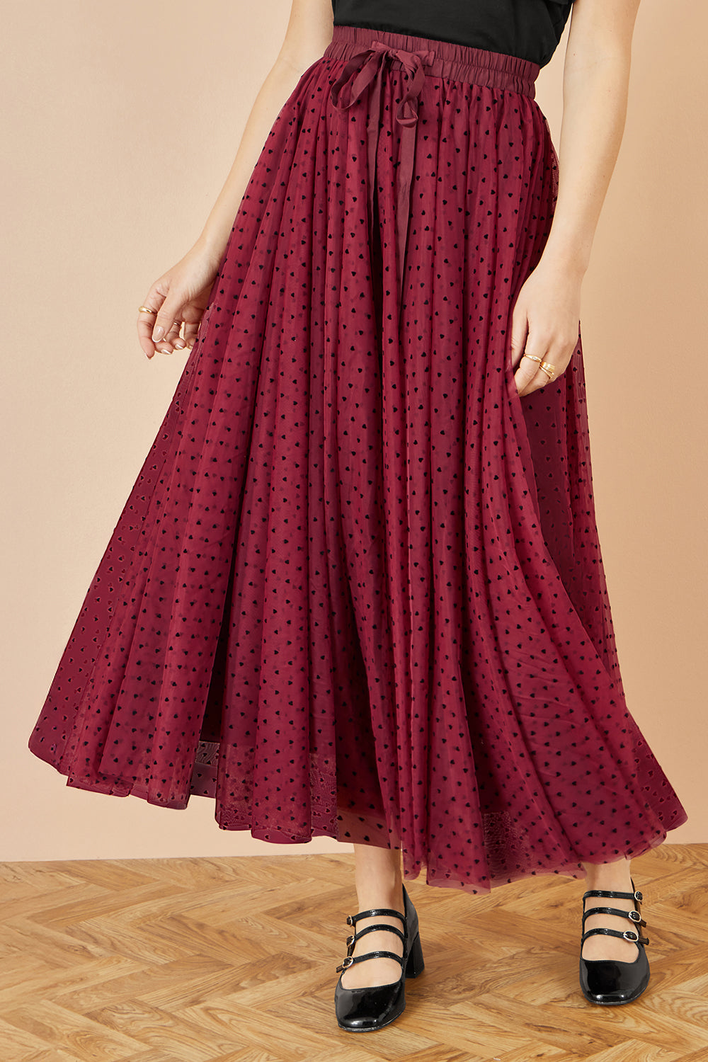 Yumi Burgundy Mesh Heart Print Tulle Skirt - QHA UK