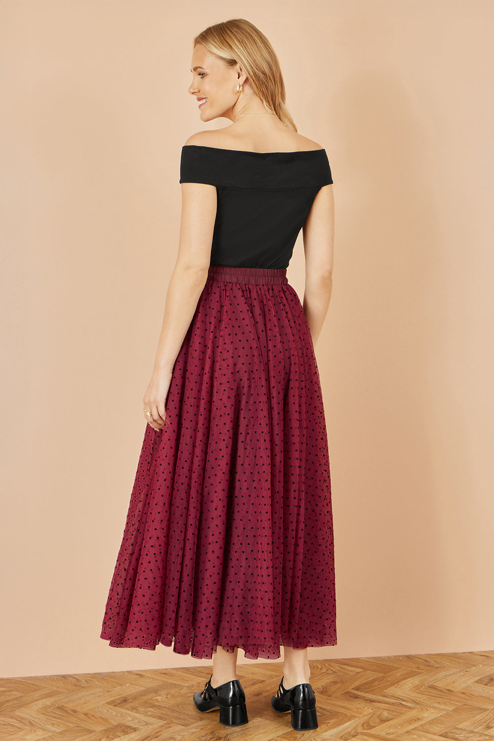 Yumi Burgundy Mesh Heart Print Tulle Skirt - QHA UK