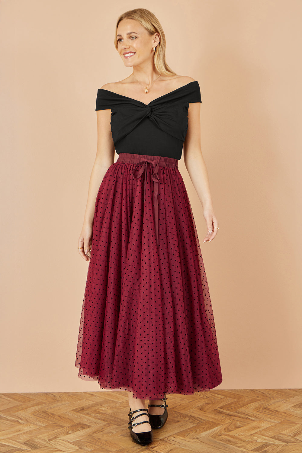 Yumi Burgundy Mesh Heart Print Tulle Skirt - QHA UK