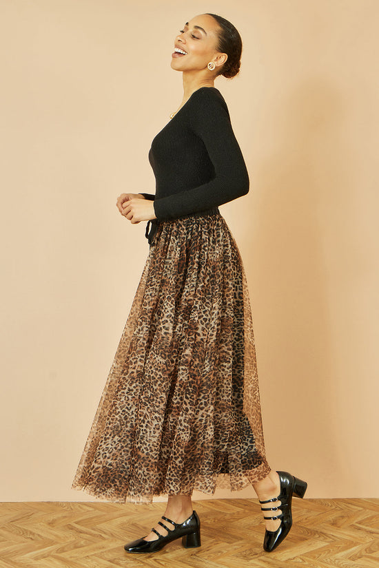 Yumi Brown Leopard Mesh Tulle Skirt - QHA UK