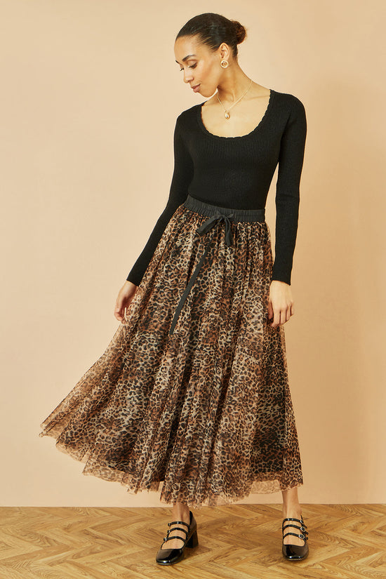 Yumi Brown Leopard Mesh Tulle Skirt - QHA UK