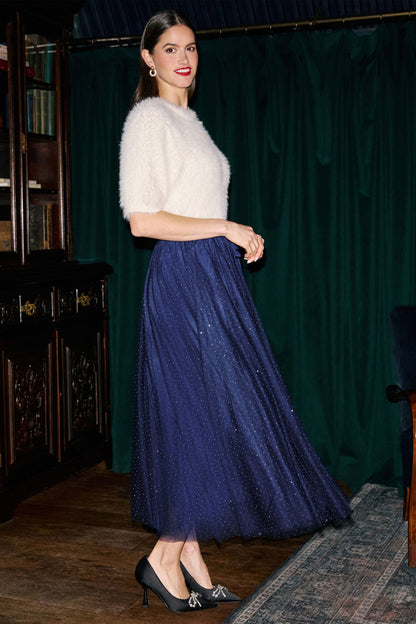 Yumi Women's Navy Diamante Tulle Midi Skirt with Elasticated Waistband