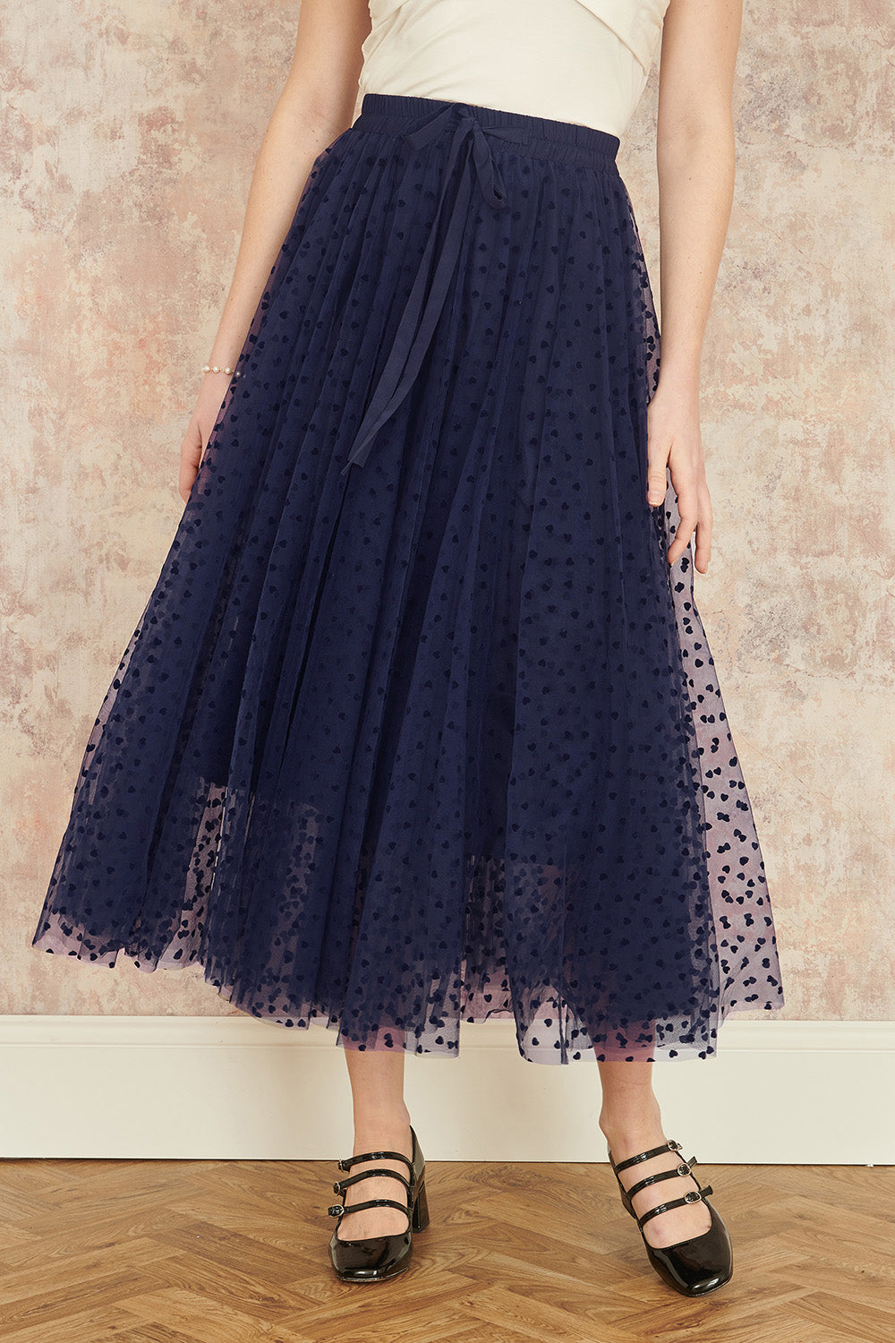 Yumi Navy Mesh Heart Print Tulle Skirt - QHA UK