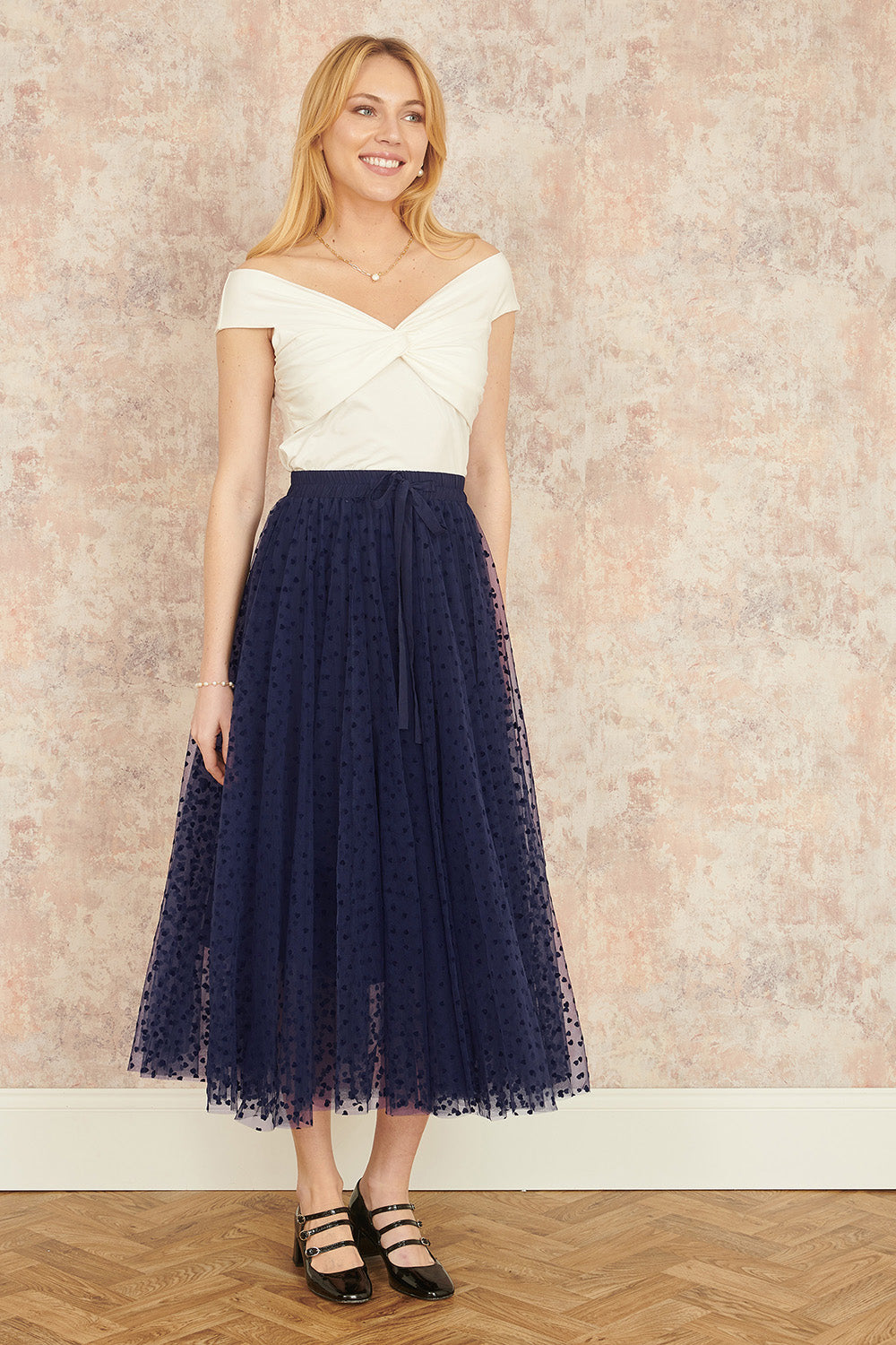 Yumi Navy Mesh Heart Print Tulle Skirt - QHA UK