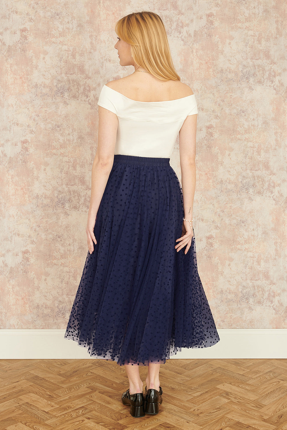 Yumi Navy Mesh Heart Print Tulle Skirt - QHA UK