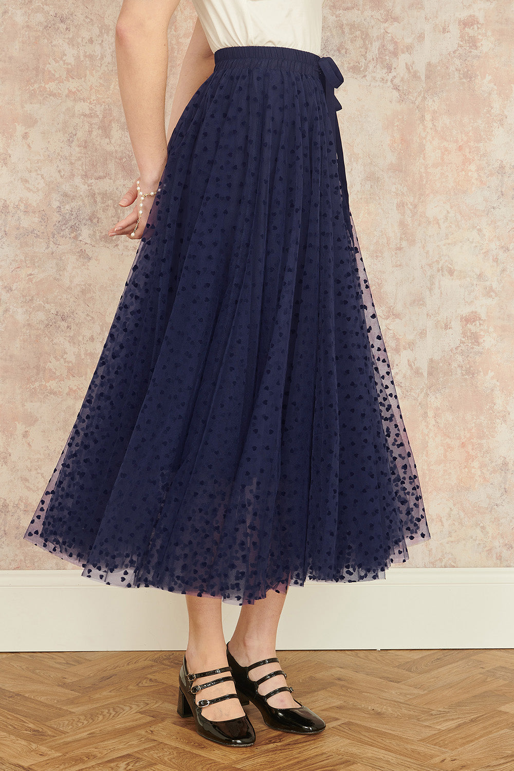 Yumi Navy Mesh Heart Print Tulle Skirt - QHA UK
