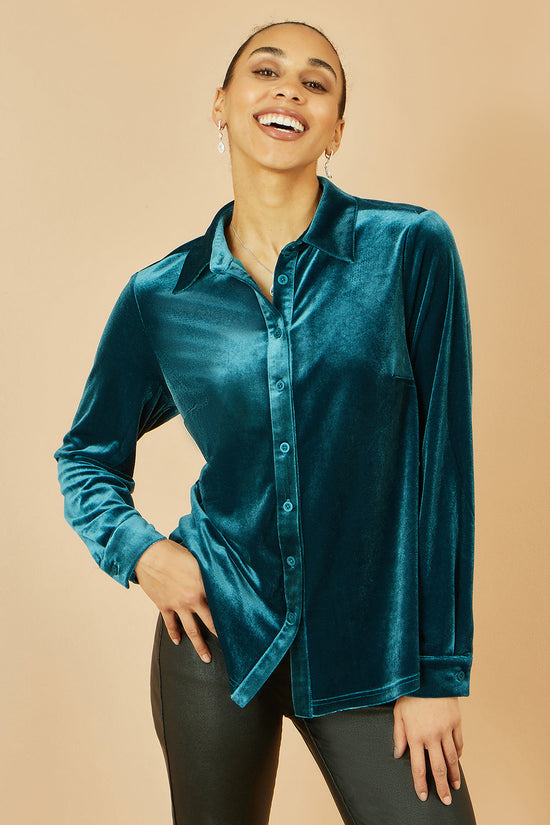 Yumi Teal Velvet Relaxed Fit Shirt - QHA UK