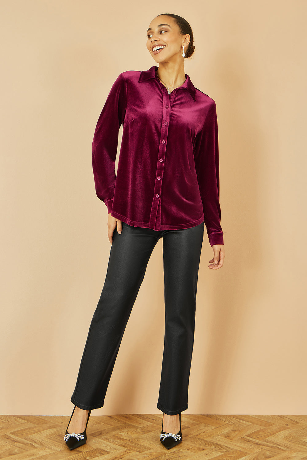 Yumi Burgundy Velvet Relaxed Fit Shirt - QHA UK