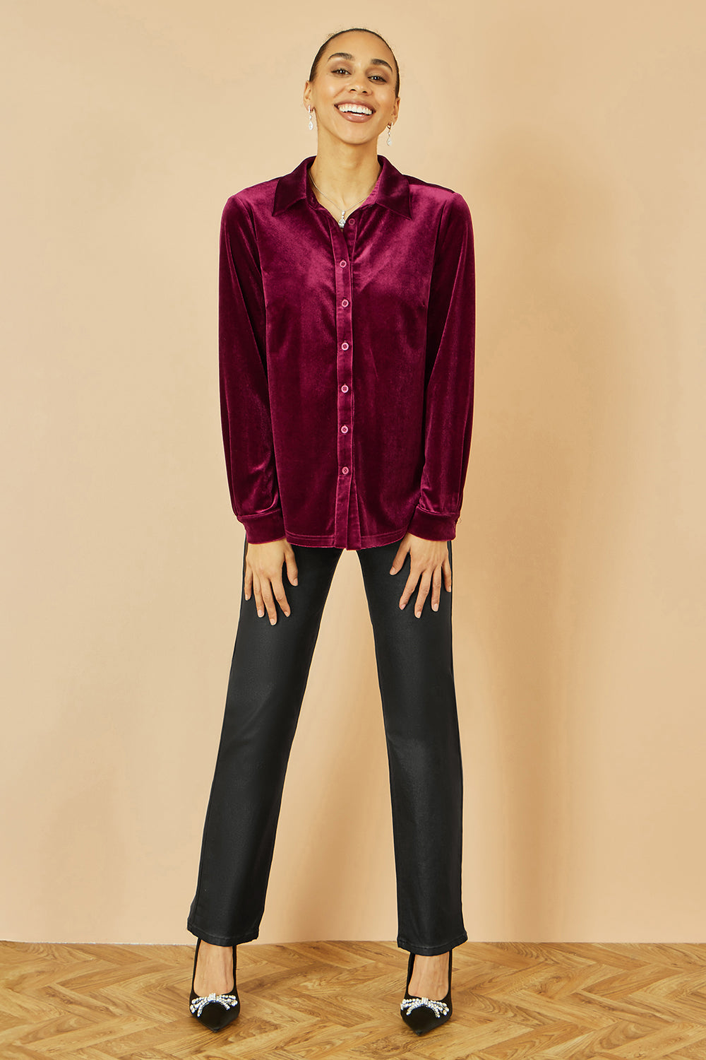 Yumi Burgundy Velvet Relaxed Fit Shirt - QHA UK