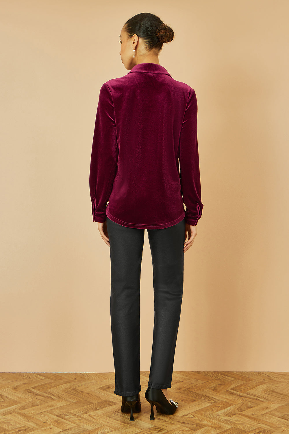 Yumi Burgundy Velvet Relaxed Fit Shirt - QHA UK