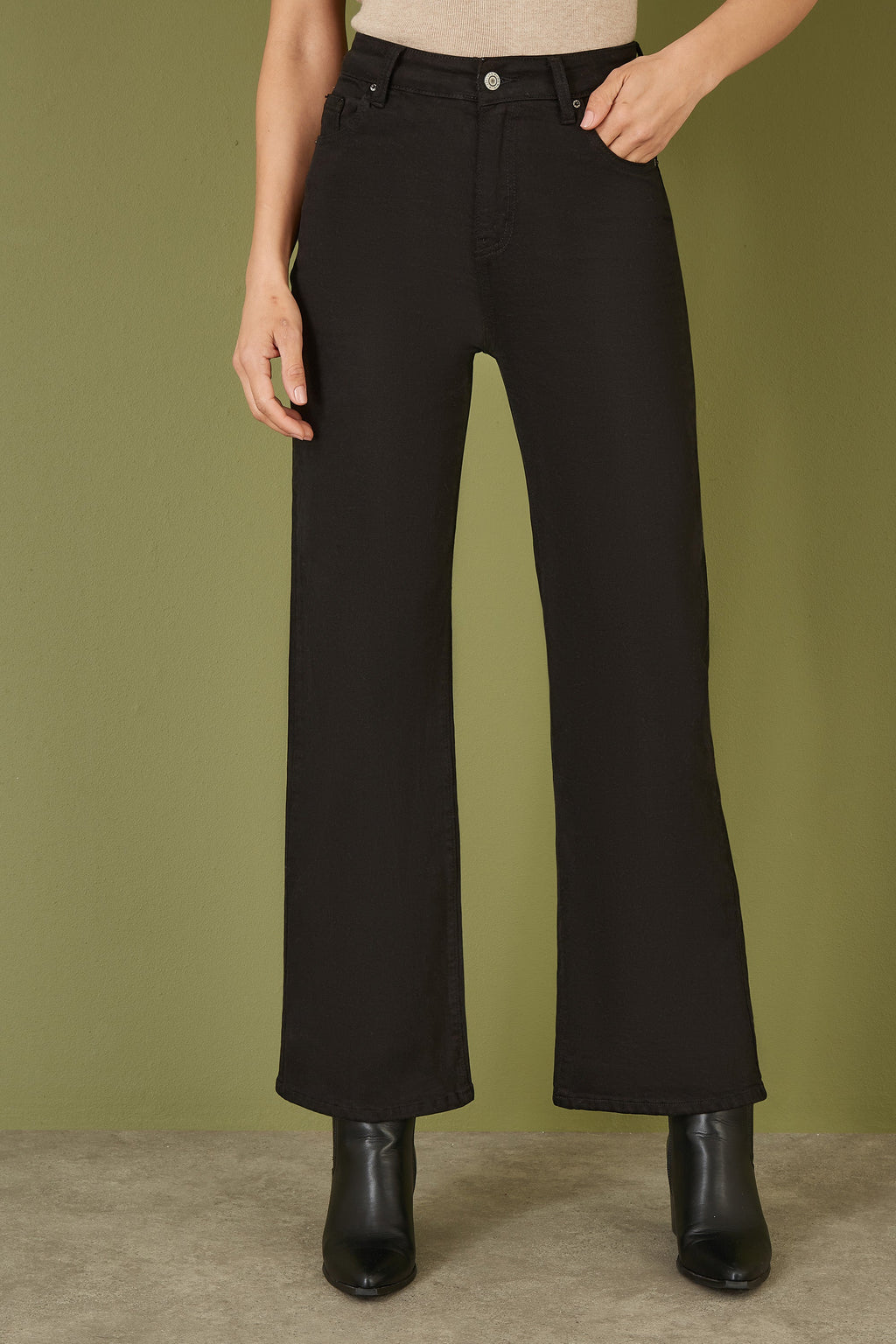 Yumi Black Stretch Canvas Wide Leg High Waist Jeans - QHA UK