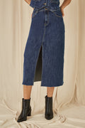 Yumi Blue Denim Stretch Fitted Midi Skirt With Front Split - QHA UK