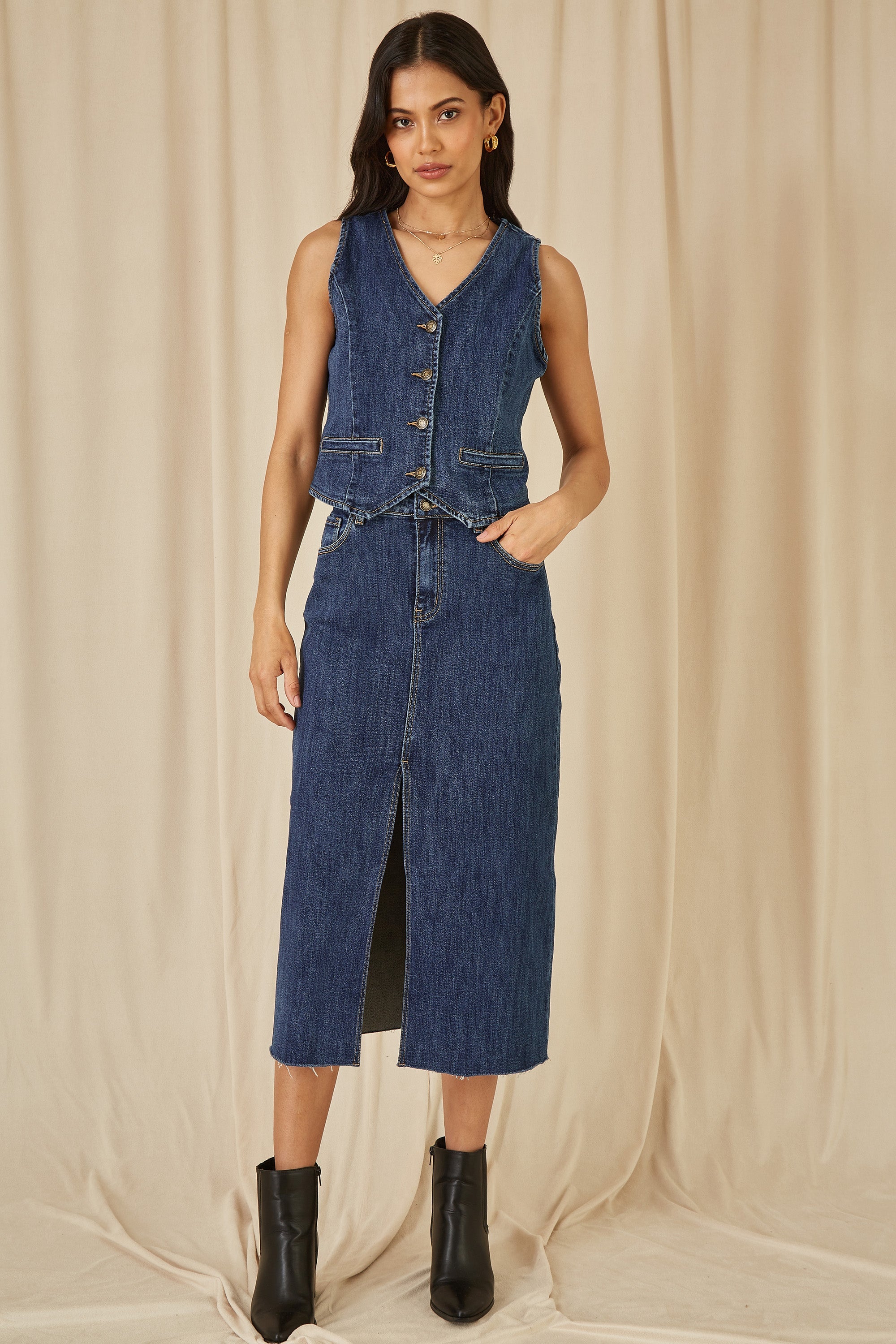 Yumi Blue Denim Stretch Fitted Midi Skirt With Front Split - QHA UK