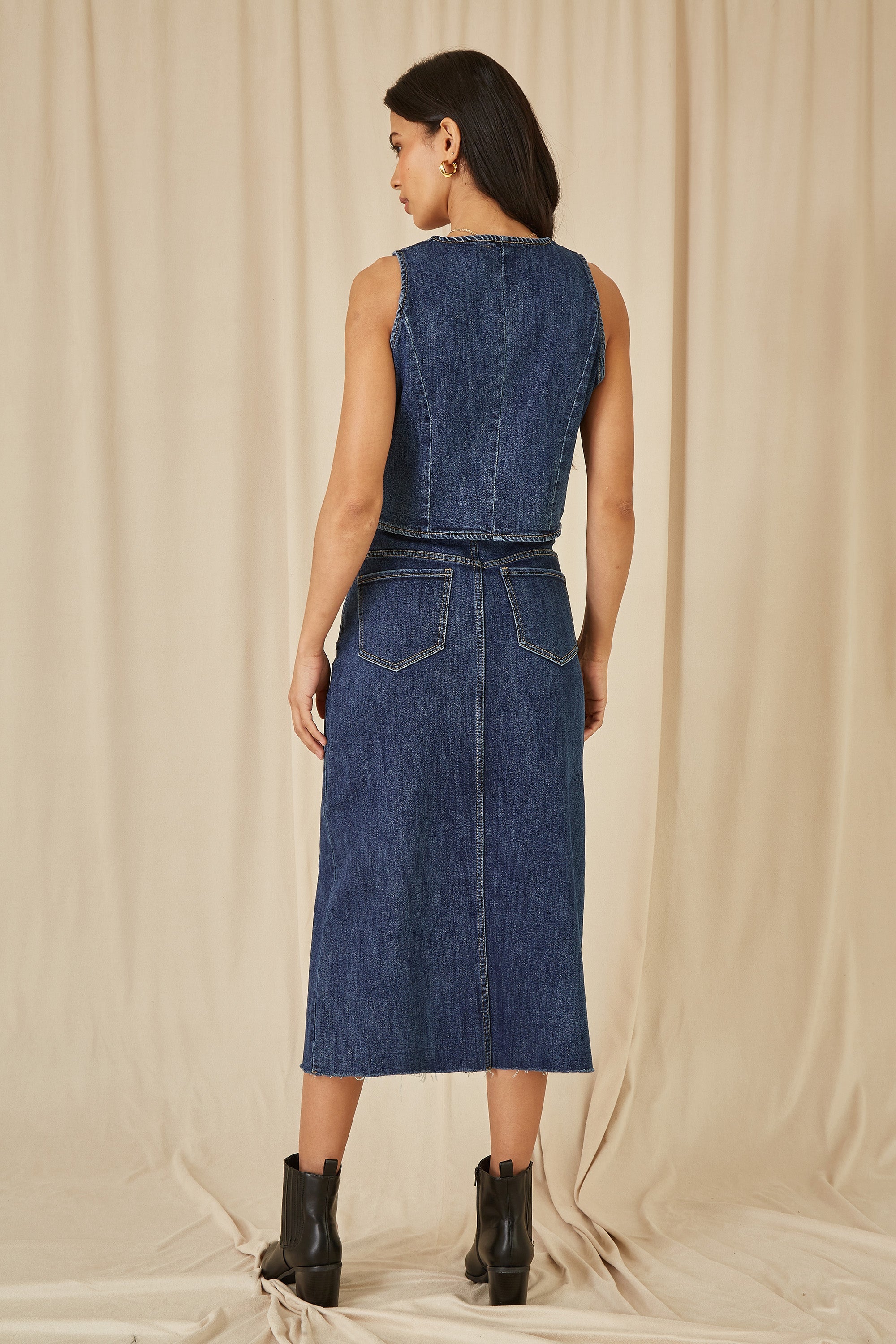 Yumi Blue Denim Stretch Fitted Midi Skirt With Front Split - QHA UK