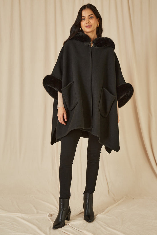 Yumi Black Cape With Luxe Fur Trim And Lining - QHA UK