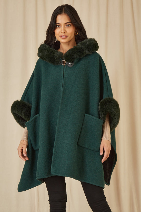 Yumi Green Cape With Luxe Fur Trim And Lining - QHA UK