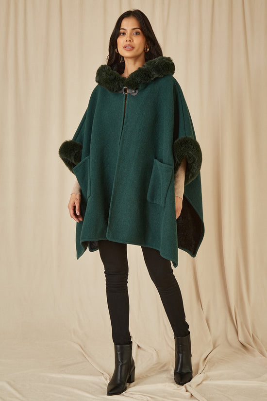 Yumi Green Cape With Luxe Fur Trim And Lining - QHA UK