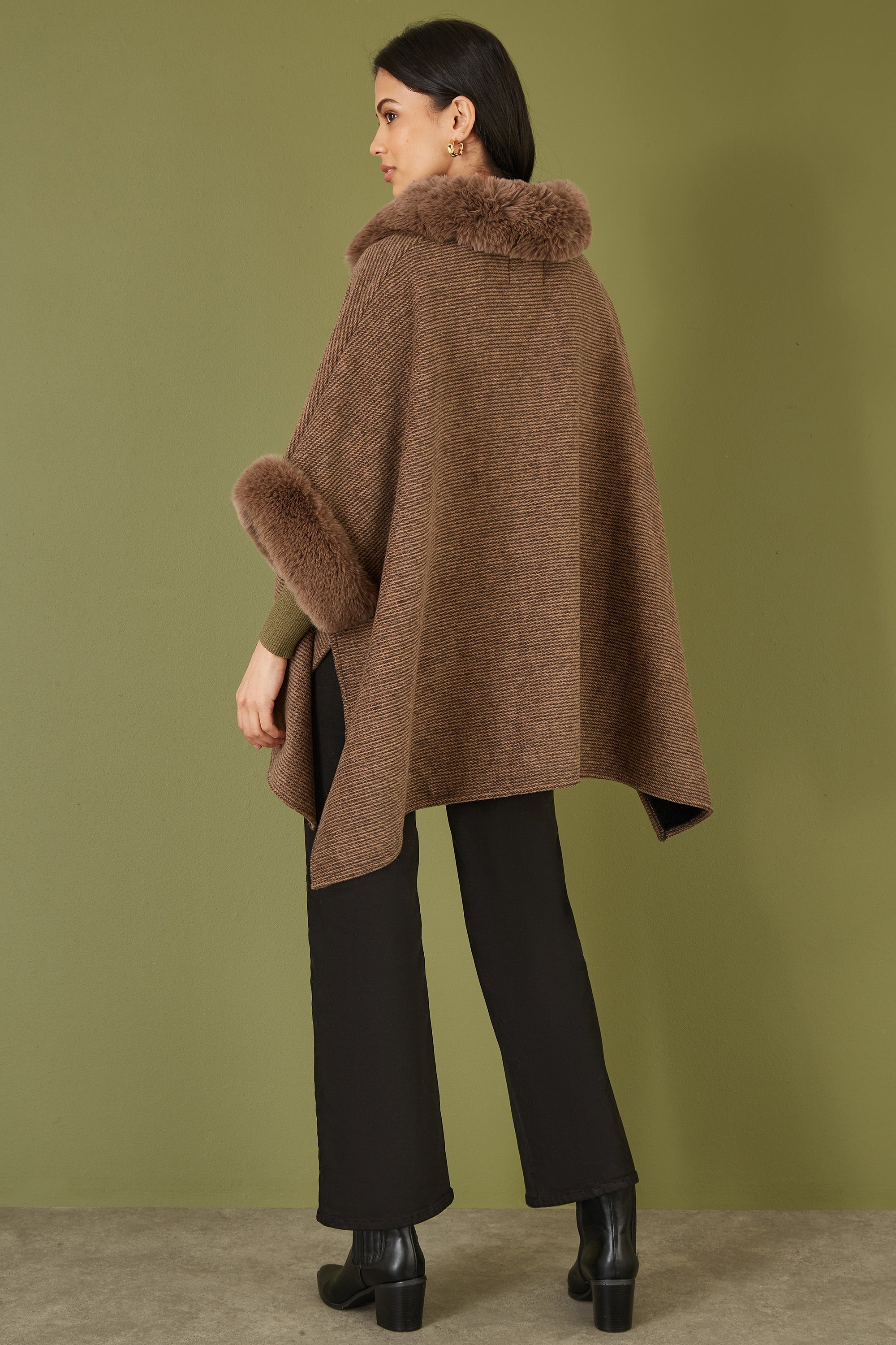Yumi Brown Cape With Luxe Fur Trim And Lining