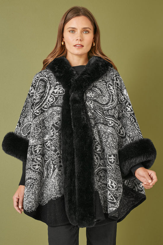 Yumi Black Faux Fur Trim Cape With Paisley Print - QHA UK
