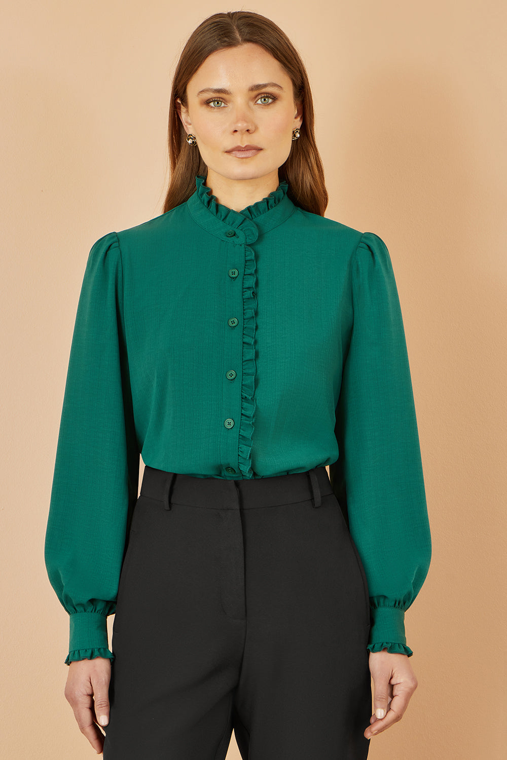 Yumi Green Frill High Neck Shirt - QHA UK