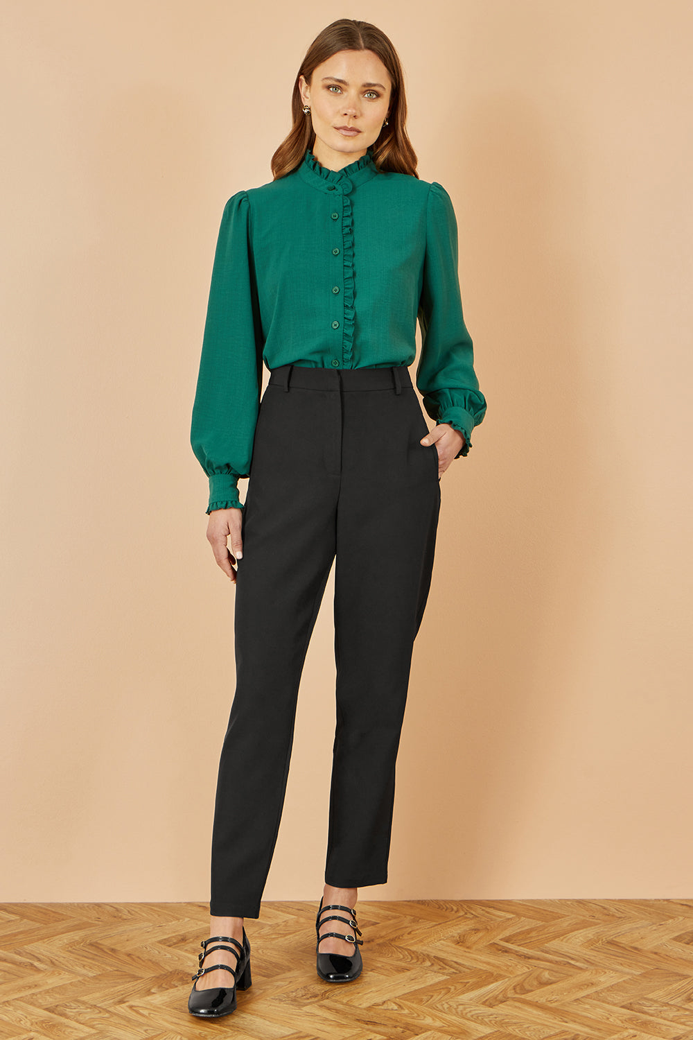 Yumi Green Frill High Neck Shirt - QHA UK
