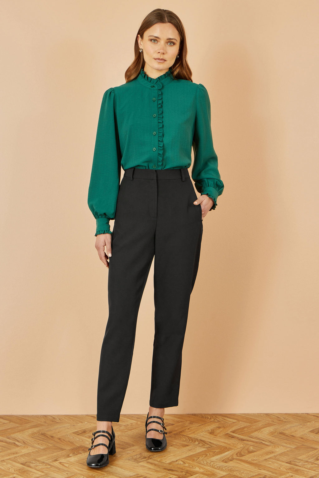 Yumi Green Frill High Neck Shirt