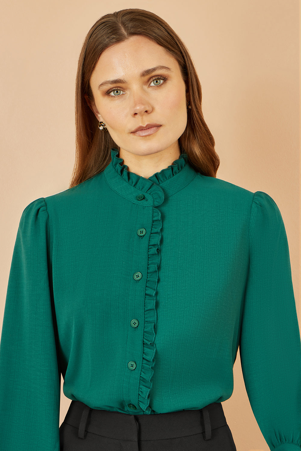 Yumi Green Frill High Neck Shirt - QHA UK