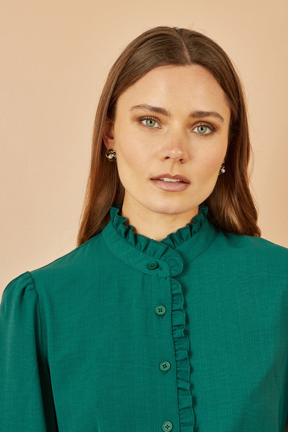 Yumi Green Frill High Neck Shirt - QHA UK