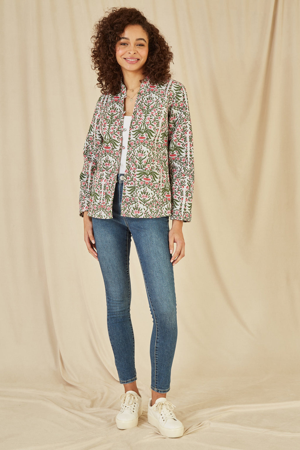 Yumi Pink Floral Print Reversible Cotton Quilted Jacket - QHA UK