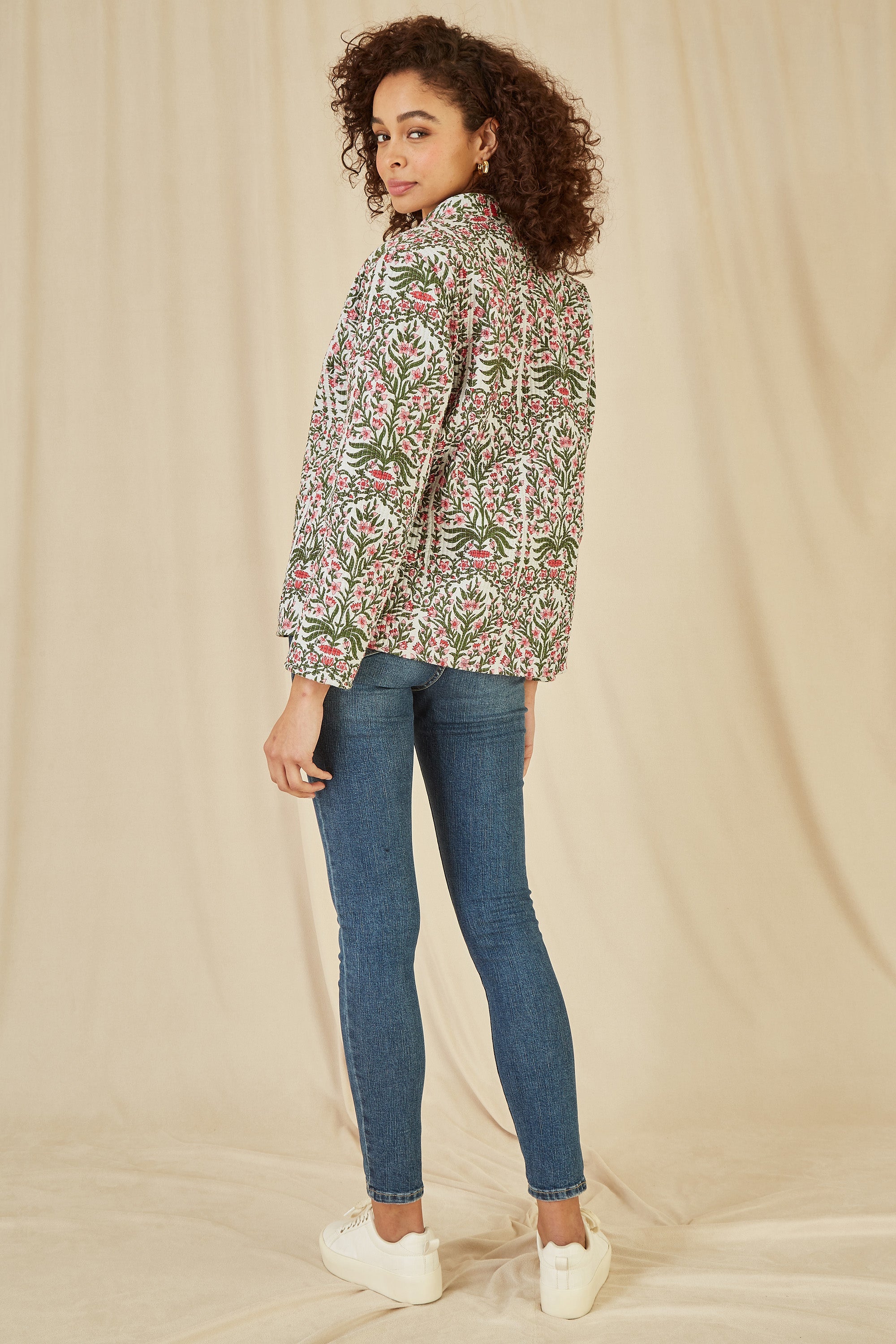 Yumi Pink Floral Print Reversible Cotton Quilted Jacket - QHA UK