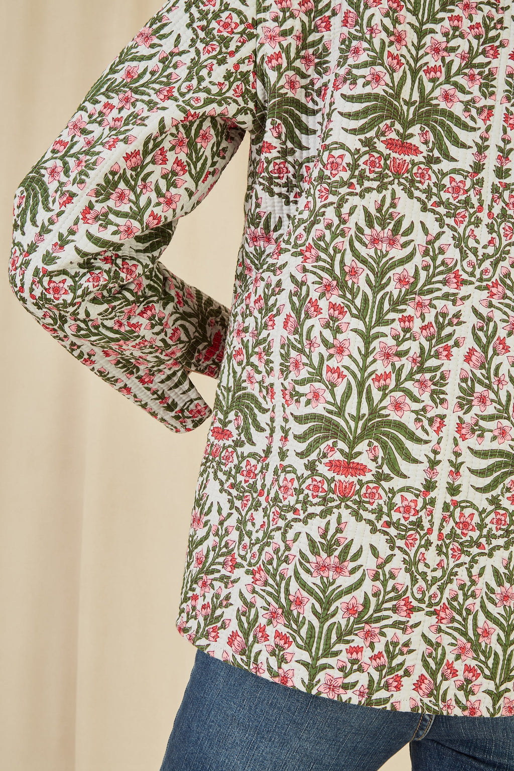 Yumi Pink Floral Print Reversible Cotton Quilted Jacket - QHA UK