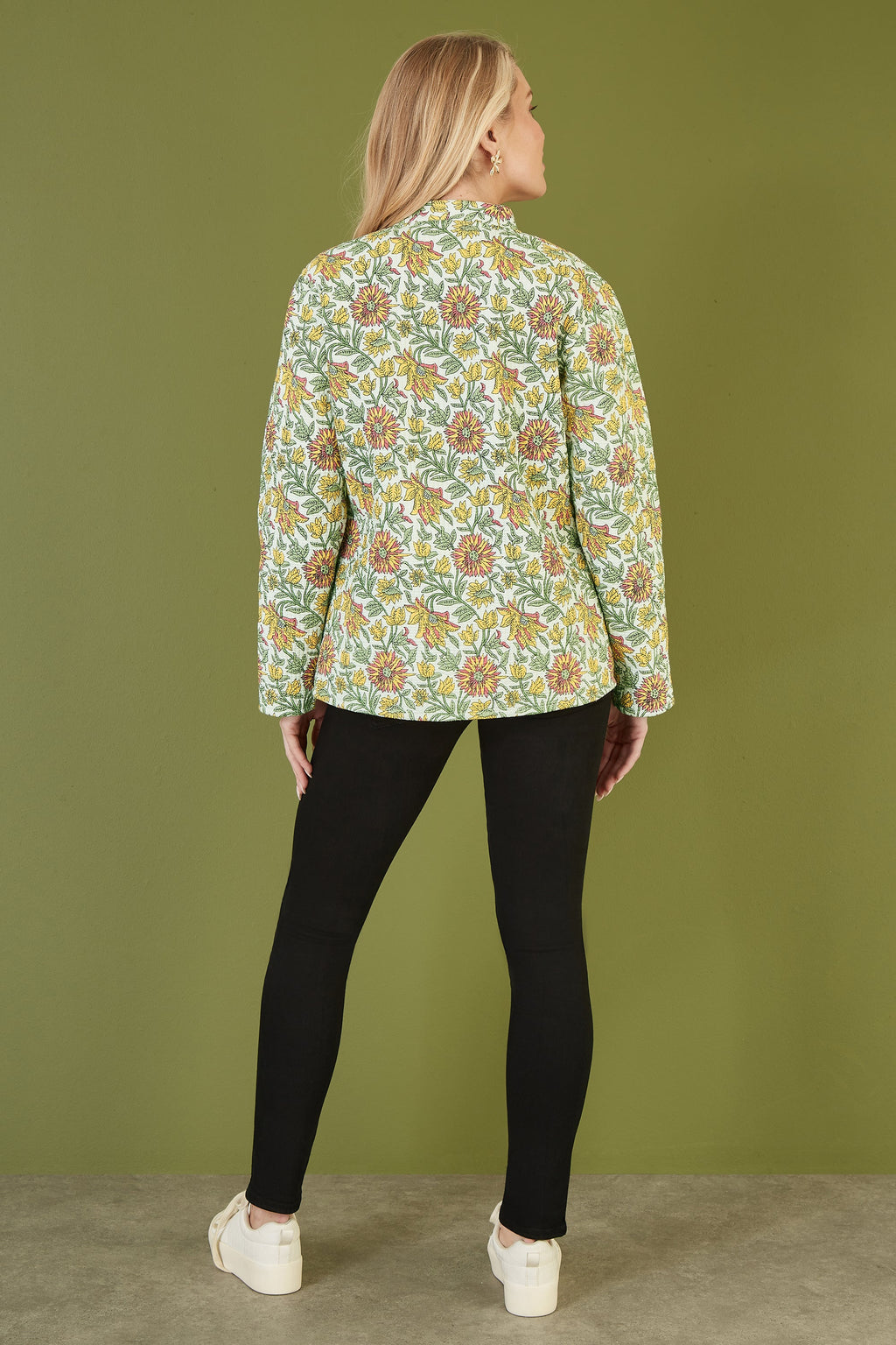 Yumi Yellow Floral Print Reversible Cotton Quilted Jacket