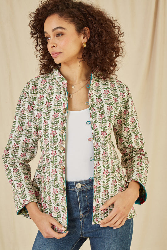 Yumi Teal Floral Print Reversible Cotton Quilted Jacket - QHA UK