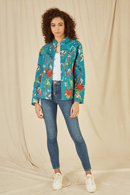 Yumi Teal Floral Print Reversible Cotton Quilted Jacket - QHA UK